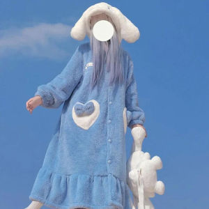 Women Coral Fleece Nightdress Cute Cartoon Snow White Nightgown Winter Thickened One-Piece Pajamas Cinnamoroll Dog Bathrobe Pajamas Flannel Home Wear