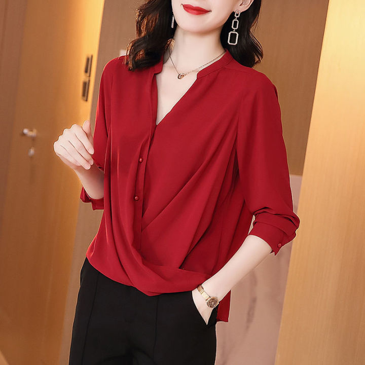 Fashion V-Neck Button Irregular Oversized Chiffon Shirt Loose Office Lady  Tops Spring and Summer Elegant Women's Clothing Blouse Lazada PH