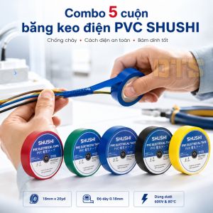 Combo 5 cuộn băng keo điện PVC SHUSHI - Cách điện 600v chịu nhiệt 80°c dùng cho điện dân dụng