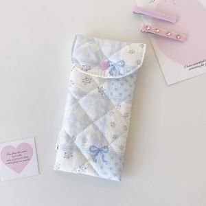PRETTY Drop-Proof Quilted Padded Glasses Case Sweet Floral Print Lace Bow Decor Cosmetic Storage Pouch Korean-Style Polyester Makeup Brush Holder School Supplies