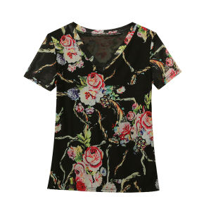 REHIN European-style New summer fashion mesh printed short-sleeved T-shir V-neck slim-fit trendy top with floral pattern