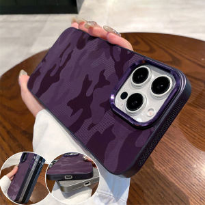 Luxury Camouflage Leather Cooling Frame Phone Case For iPhone 16 15 14 13 12 Pro Max 11 Plating Shockproof Protective Back Cover
