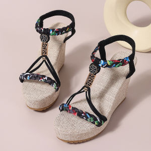 2025 Spring/Summer New Large Size Wedge Open-Toe Sandals For Women Fashionable Bohemian Elastic Strap WomenS Shoes