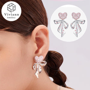 Viviann Original Two-wear 925 silver needle pink love bow earrings womens new earrings Fashion Silver Color CZ Stud Earrings for Women Bling Bling AAA White Cubic Zirconia Earrings Hot Sale Jewelry
