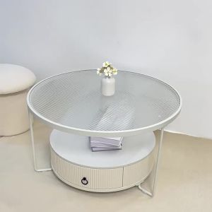LZD  Light Luxury Home Living Room Sofa Rock Plate Side Several Small Apartment Changhong Glass round Coffee Table Creative Drawer Small round Table