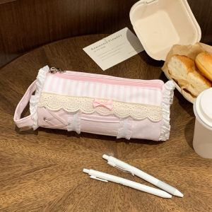 GIORGIONE STORE Large Capacity Lace Pencil Case Bow Printed Polka Dot Pencil Storage Bag Multifunctional Creative Zipper Stationery Pouch School Office Supplies