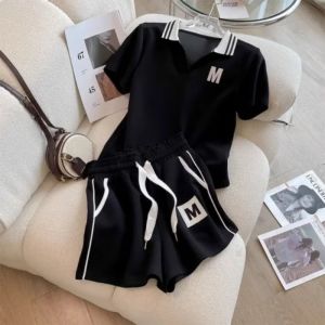 Summer Sports Suit Womens V-neck Short Sleeved T-shirt Versatile Casual Lapel High Waist Wide Leg Pants Two-piece Set