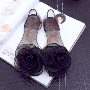 Sepatu Sandal Jelly Wanita Flatshoes Kaca Motif Bunga Bahan Elastis Non-Slip Sendal Flatshoes Anti-slip