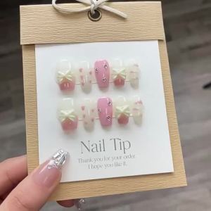 [HANDMADE]Artificial Nail Princess Sweetheart Pink Bow Miss Hand Painted Heart Phototpy Nails Reusable and Removable Nails