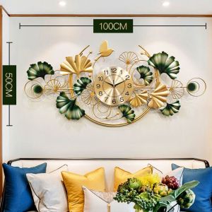 100/120cm Light Luxury Ginkgo Biloba Wall Clock Mute Creative Living Room TV Background Wall Wall Iron Decorative Wall Hanging