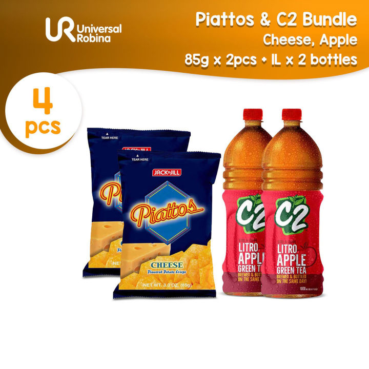 2 x Piattos Cheese Flavored Potato Crisps 83g and 2 x C2 Litro Apple Green Tea 1L