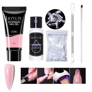 เล็บเจลสีหวานเซ็ตเจลยูวีโพลีเล็บ5ชิ้นเจลต่อเล็บแววที่ชัดเจนอะคริลิคเจลต่อนิ้วมือแช่ชุดเคลือบเงาเจลยูวีพร้อมชุดแปรง