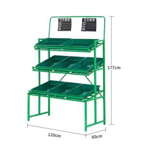 ชั้นวางผัก ชั้นวางผลไม้ห้าชั้น ชั้นวางแสดงซูเปอร์มาร์เก็ต ชั้นวางผักและผลไม้ ชั้นวางสีเขียวห้าชั้น ถาดสีเขียว 10 ถาด