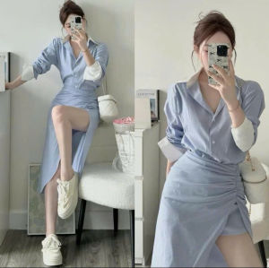 Set công sở nữ đồ mặc hè set áo cổ bẻ sơ mi tay dài phối viền cài quy nút kèm chân váy xẻ tà