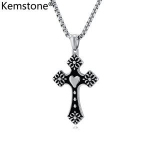 Kemstone Retro Heart Cross Stainless Steel Mens Pendant Necklace Jewelry