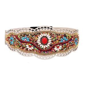 Co giãn dây thắt lưng Thắt lưng co giãn Bohemian beadwork hoa có dấu dây lưng bản rộng dải thắt eo cho trang phục phối hợp