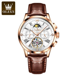 OLEVS Mens Leather Multifunction Automatic Mechanical Watch Multifunction Four Dials