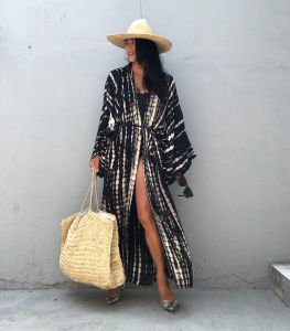 2025 New Summer Boho Stripe Tie Dye Printed Women Long Beach Kimono Swimsuit Cover Up with Belt Tunic Sarong Cardigan Dress Women Bikini Cover-ups Beach Wear Kimono Pareo