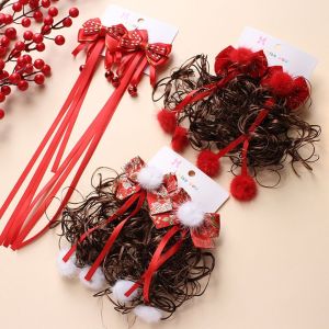 BEAUTYLADIES 2pcs Tassel Baby Wig Hairpin Curly Chinese Style Childrens Bow Wig Hair Accessories Fluffy Red Bowknot Hairclip New Year Festive