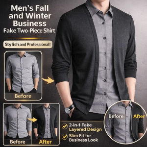 Layered Knit Shirt Fleece-Lined Thermal Business Casual Long Sleeve Thickened Office Wear Mens Top