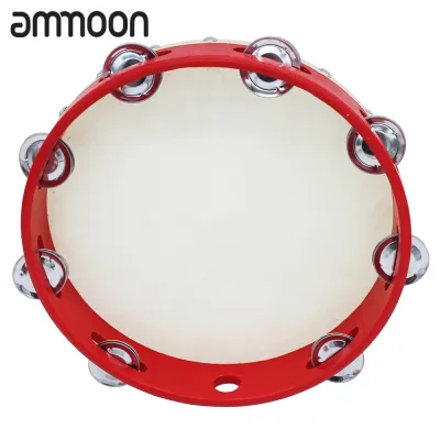 [ammoon]6 / 8 / 10 Inch Hand Tambourine with Metal Single Row 8pcs Metal Cymbals Jingles Sheepskin Drum Musical Timbrel for Dancing Singing Party