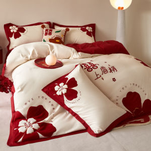 Bộ đồ cưới thêu phong cách Trung Quốc bốn món vỏ chăn đỏ ga trải giường phòng cưới đồ cưới mới cưới bộ đồ giường lễ hội hoàn toàn bằng cotton