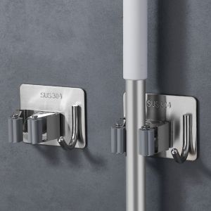 Móc Treo Chổi Dán Tường Móc Treo Cây Lau Nhà 2 Trong 1 Inox 304 Tiện Lợi Không Cần Khoan Đục