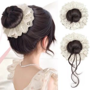 kuibiw ดังโงะเกล้าผม ที่ครอบผม มวย ลูกไม้ปักลาย ที่รัดผมหางม้า อุปกรณ์ทำผม สไตล์เกาหลีแบบ ชิ้นส่วนขนปลอม แฟชั่นสำหรับผู้หญิง ถุงวิกผม วิกผมผมดอกไม้ สำหรับผู้หญิง
