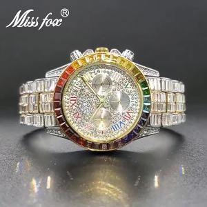 MISSFOX Fesyen Hip-Hop Jam Tangan Mewah Pelangi Di Berlian Persegi Tiga Mata Jam Pergelangan Tangan Lelaki Angka Rom