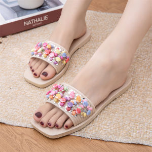 Ladies Flat Slide Sandals Tsinelas Pambabae na Patag Multicolor Shell Ornament Non‑Slip Soles For Beach House Everyday