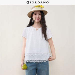 Giordano Women Shirt Double-Hem V-Neck Lace Spliced Tie Short-Sleeve Oversized Non-Stretch Free Shipping 18346513
