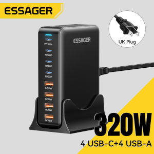 Essager 320W Super Flash Charge GaN 4A+4C Chargers QC18W USB A Type C PD100W Ultra-fast Charger For Laptop Tablet Fast Charging Charger PD65W QC4.0 PD3.1 For iPhone16 15-8 Series iPad Macbook Huawei Xiaomi Samsung Phone Super Fast Charge 4A+4C Chargers