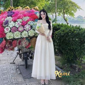 Đầm dự tiệc sét váy thiết kế áo ren trễ vai dài tay chân váy tơ xòe 2 lớp Kemi dáng tiểu thư