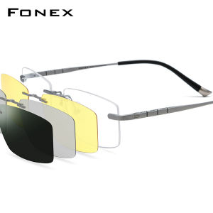 FONEX không có vành Titanium gọng kính Men vuông Clip on Flip-up Kính Mắt Nhật Bản tùy chỉnh kính mắt cho mắt với 3D & nhìn trong đêm & ống kính phân cực 85761