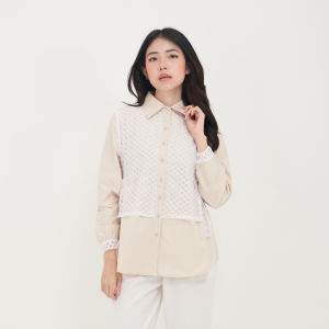 QUEENTIN Kemeja Layer Wanita 0701 Katun Poplin Polos Kombinasi Brokat Lengan Panjang