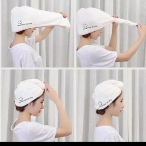 Handuk Keramas White Smile Les Hitam dan Polos / Cepat Kering Magic Towel Hair Wrap Serbaguna / Handuk Turban bahan microfiber halus - Pink dan Putih Bordir
