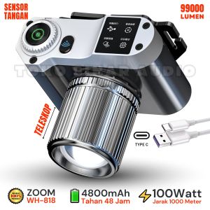 Senter Kepala Tahan 48 Jam Super Terang 99000 Lumen Lensa Bisa Di Zoom Senter Kepala 100Watt Original Headlamps Zoom WH-818 | Senter Kepala 100W Waterproof Cas USB Type C Rechargeable Isi Ulang Tahan Lama Laz COD Bisa Bayar di Tempat TOKO SINAR AUDIO
