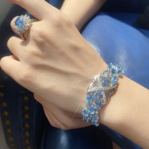 Montagne Jewelry Natural Sapphire Blue Topaz Bracelet 925 Silver Luxury Design 4x6mm Gem Bracelets Cuff