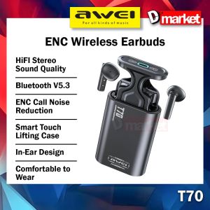 Awei T70 ENC Wireless Earbuds ENC Call Noise Reduction Headphone Smart Touch Sport Earphone Awei Bluetooth Earbuds