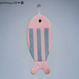 WP💓💛💖 1 3Pcs Soft And Absorbent Coral Fleece Hanging Design Towel Cute Fish-Shaped Hand Towels With Striped Patterns For Bathroom