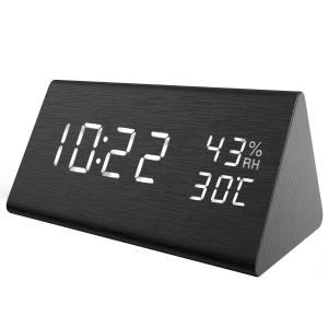 SG Stock ORIA Wooden Digital Alarm Clock Display Date Temperature & Humidity 3 Levels Brightness Voice Control Smart Voice-Activated with 3 Alarm Sounds for Home Kitchen Bedroom