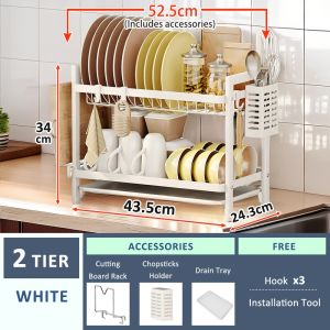 SimpleJoy 3 Tiers Wall Dish Rack with Drainer Sink Side Rack Dish Drying Rack Kitchen Racks Organizer