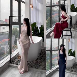 Đầm Lụa Cổ U Dây Mảnh Form DàiVáy Lụa Hàn Châu 1 Lớp Không MútKhông Dây Kéo Tôn Dáng