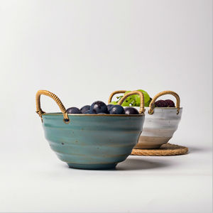 OMK Japanese Style Handmade Fruit Bowl with Carrying Handle Ceramic Salad Bowl Tableware Set