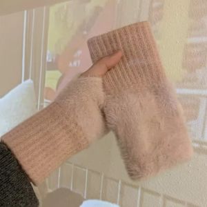 VMCTRD Soft Half Finger Gloves Solid Colors Fleece Plush Knitted Gloves Luxury Writting Gloves Autumn Winter