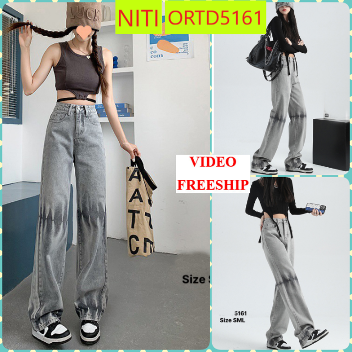 [ORTD5161]QUẦN JEANS ỐNG RỘNG NỮ LƯNG CAO LOANG XÁM TIA SÉT LAI CUỐN ...