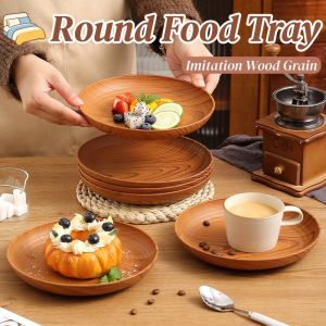 Imitation Wood Grain Round Plastic Tray Classic Tea Serving Tray Household Fruit Cake Storage Plate