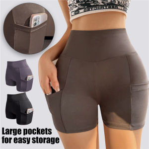 LuckyMan Yoga Shorts For Women Sharkskin Leggings With Pockets Plus Size Ice Silk Sports Cycling Running Shorts 2024 Fashion K-Style Simple Sharkskin High Waist Slimming Hip Lift Casual Shorts