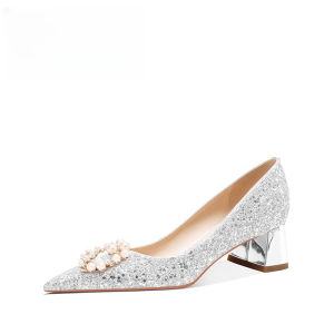 IELGY Wedding shoes womens new pumps with block heels do not get tired of mid-heel crystal shoes