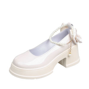 Single Shoes Womens New Korean Version Fashion Block Heel Platform Sole Anti-slip Bow Pearl Casual Mary Jane Shoes
